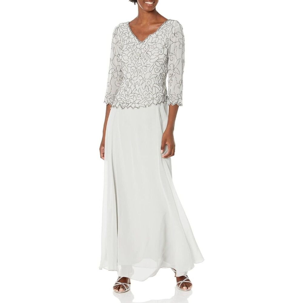 J Kara Women's V-Neck with 3/4 Sleeve Long Dress, Silver Multi, 16
